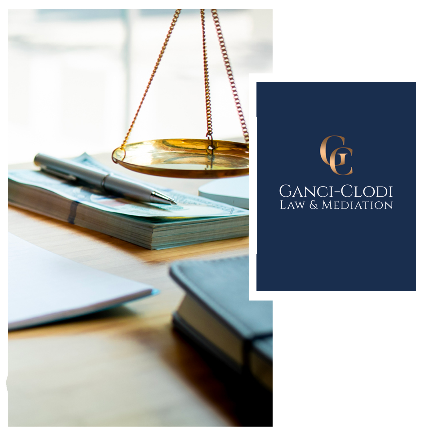 Ganci-Clodi Law & Mediation logo in navy and gold beside a desk with scales