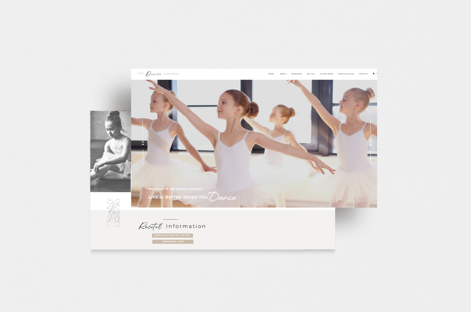The Dance Company website on a desktop screen, featuring young ballet dancers