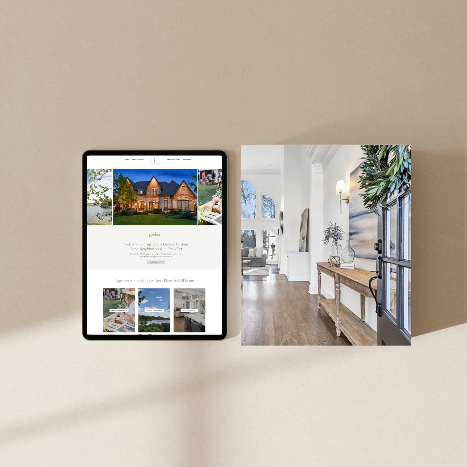 Flagstone website on a tablet beside an interior photo