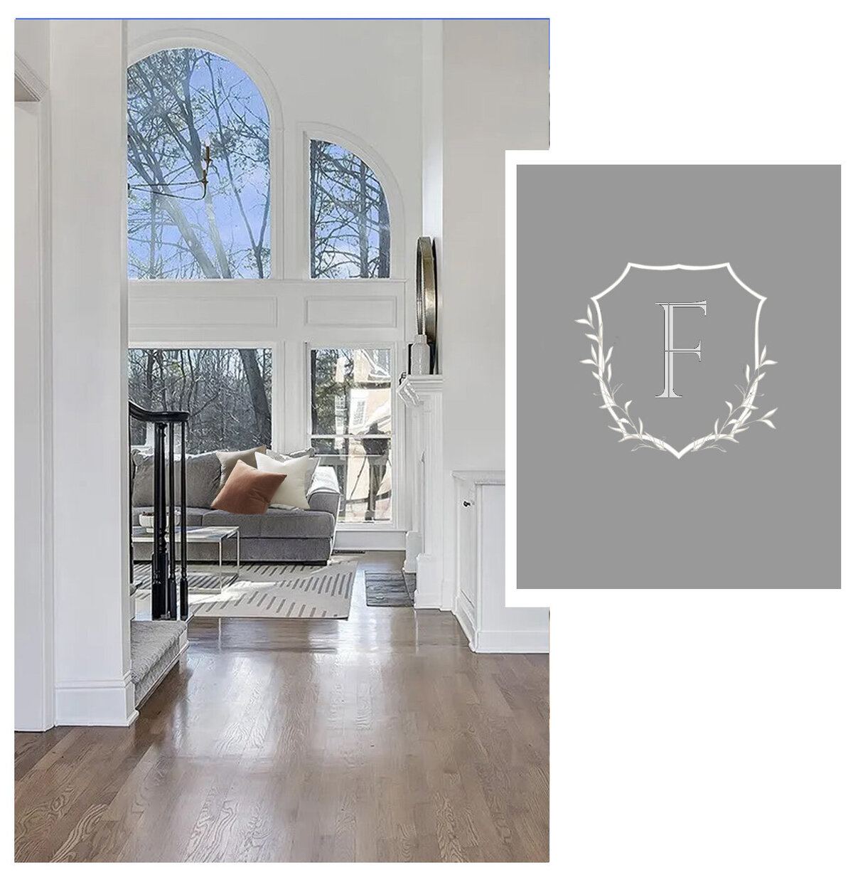Flagstone crest monogram beside a bright home interior