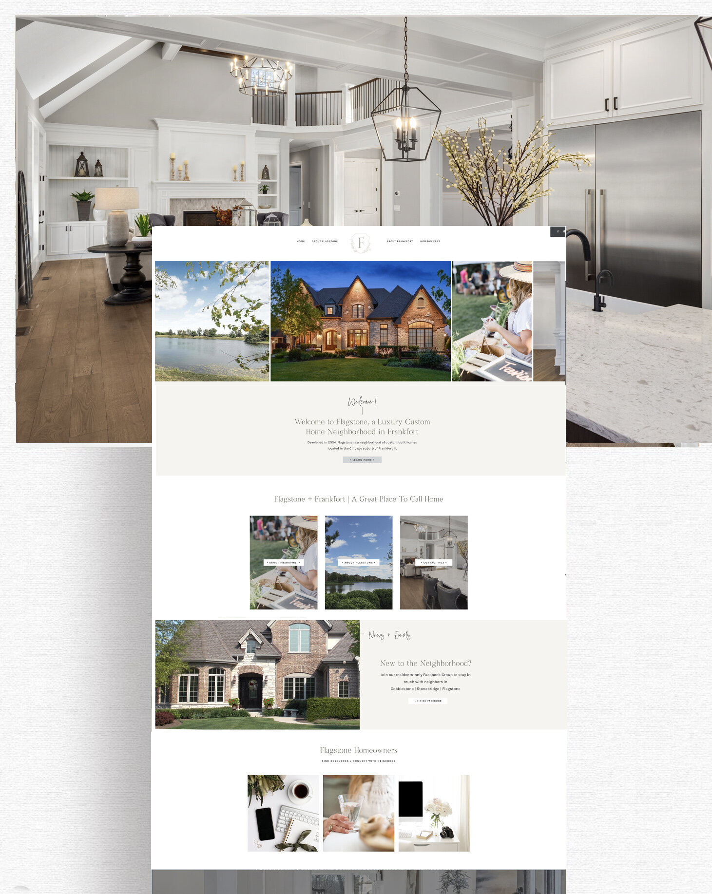 Flagstone HOA website page layout with neighborhood photography