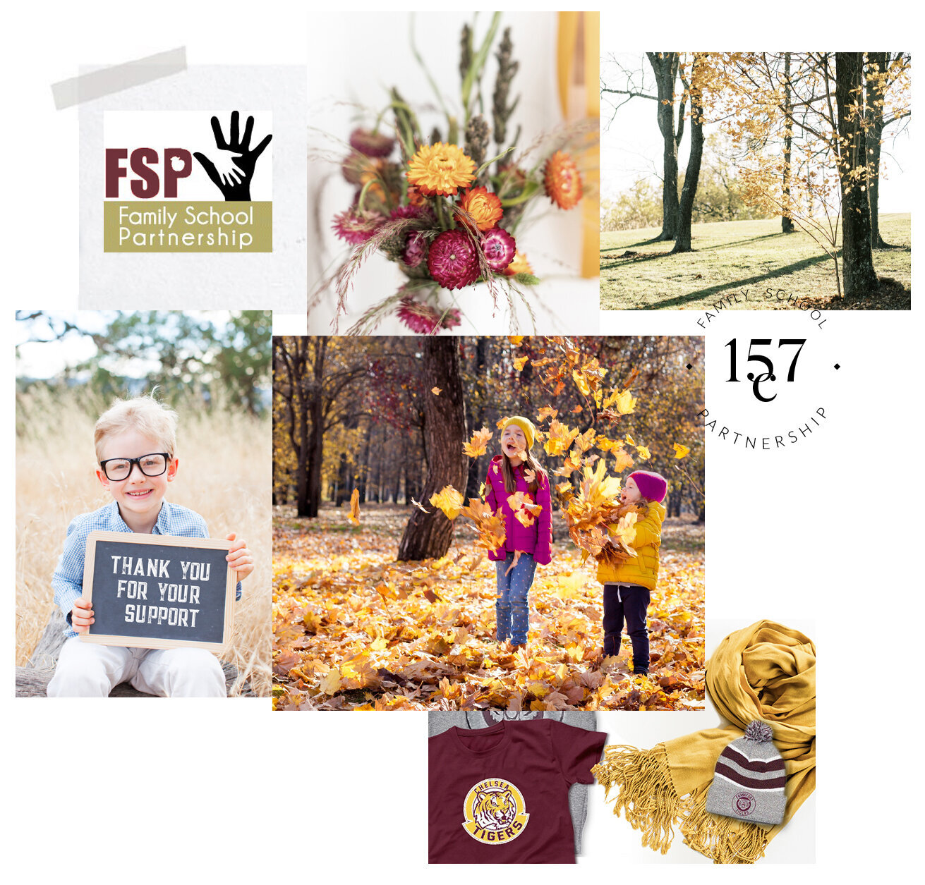 FSP brand styling collage with logo, autumn photography and school colors