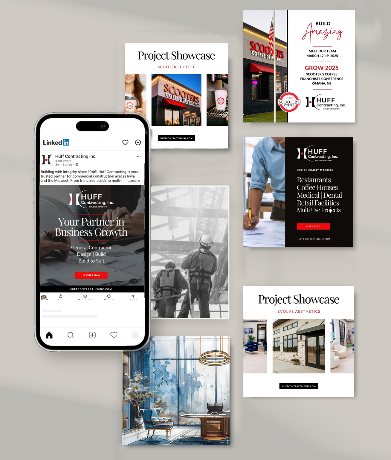 Huff Contracting social media post designs and Instagram feed