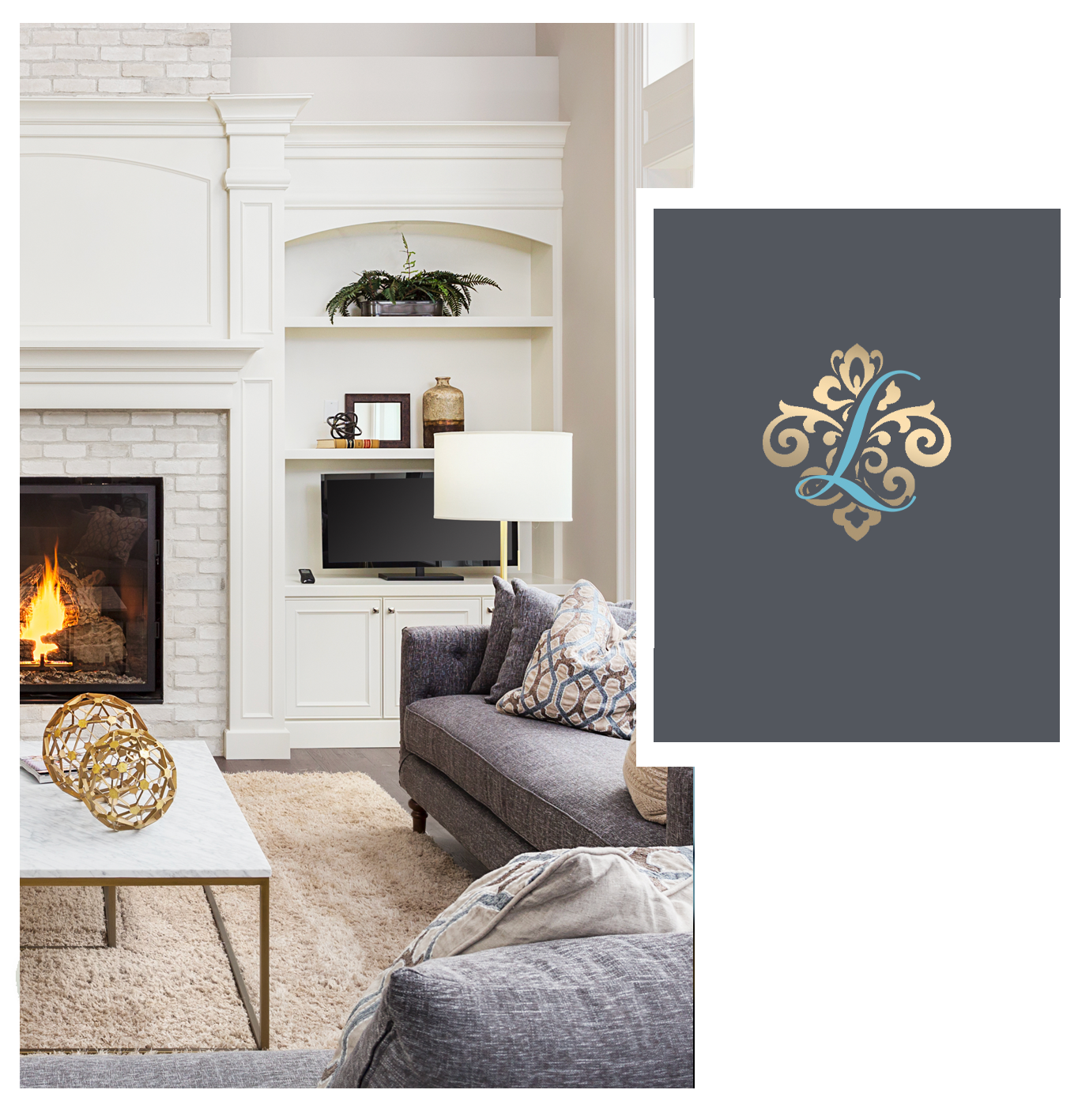 Landen monogram in gold beside a styled living room