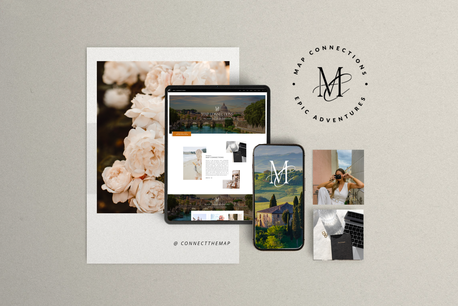 Map Connections brand presentation: circular logo, website on tablet and phone, and travel photography