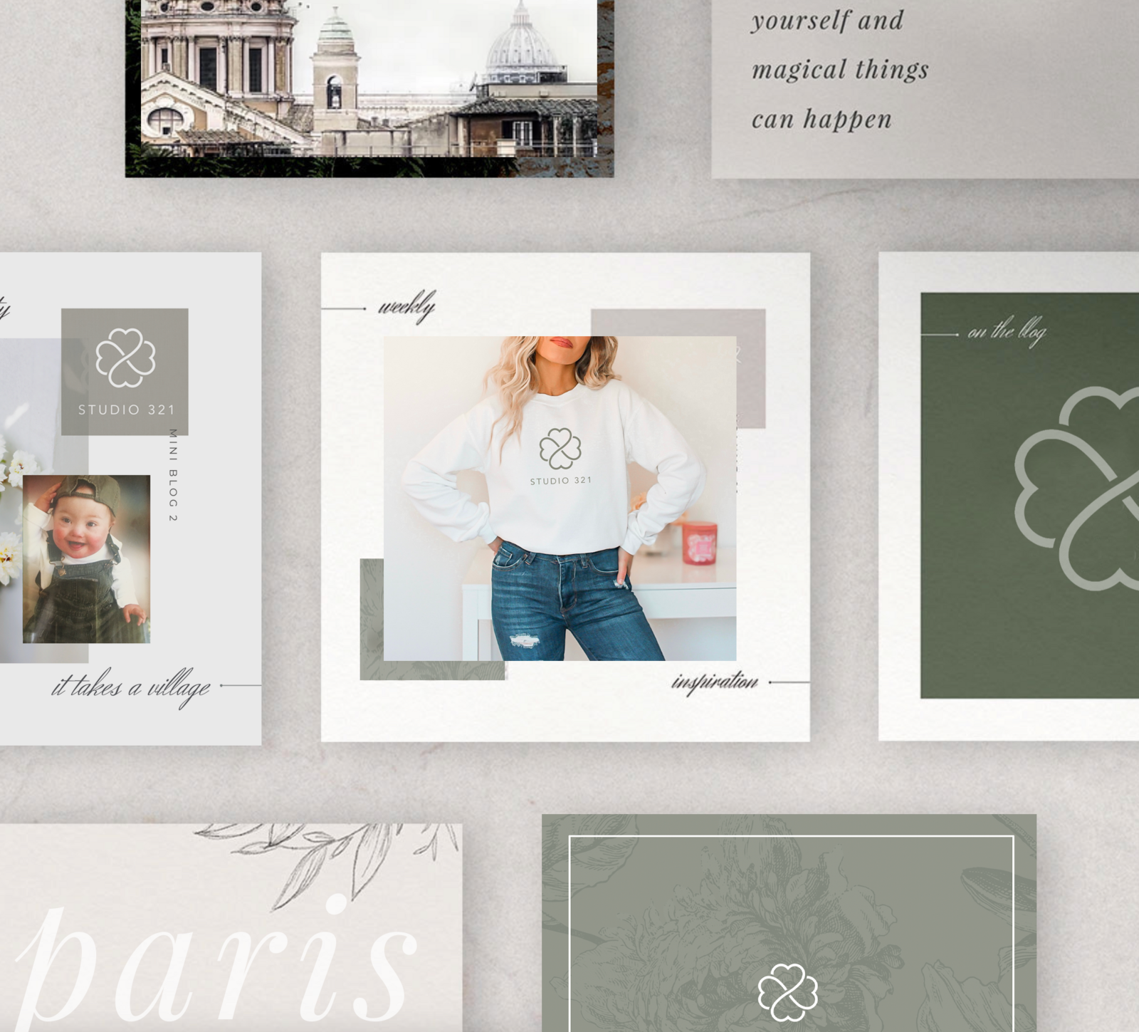 A set of coordinated social media post designs in sage, ivory and grey