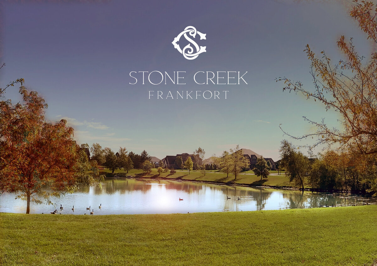 Stone Creek Frankfort logo over a photo of the neighborhood pond
