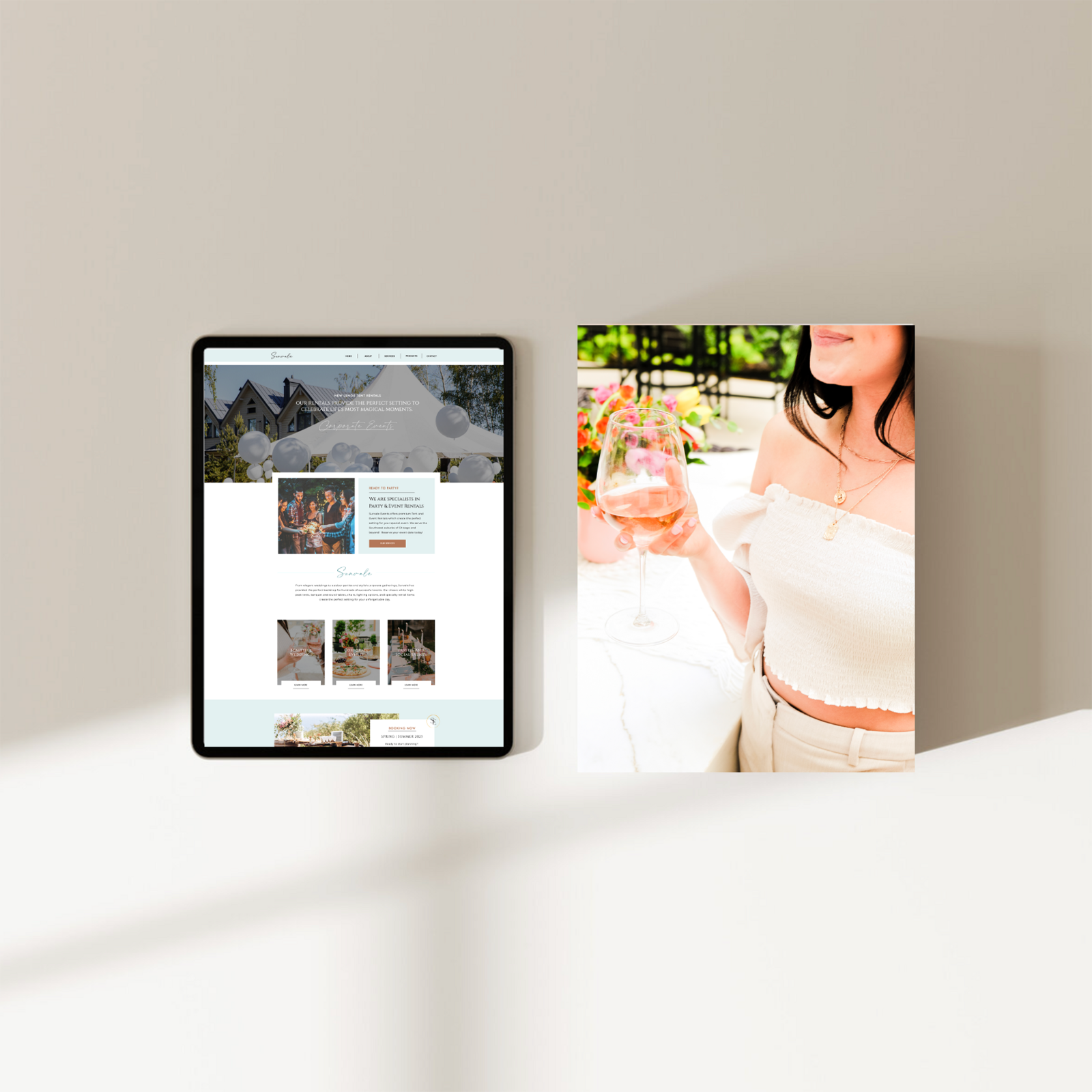 Sunvale Events website on a tablet beside an event photo
