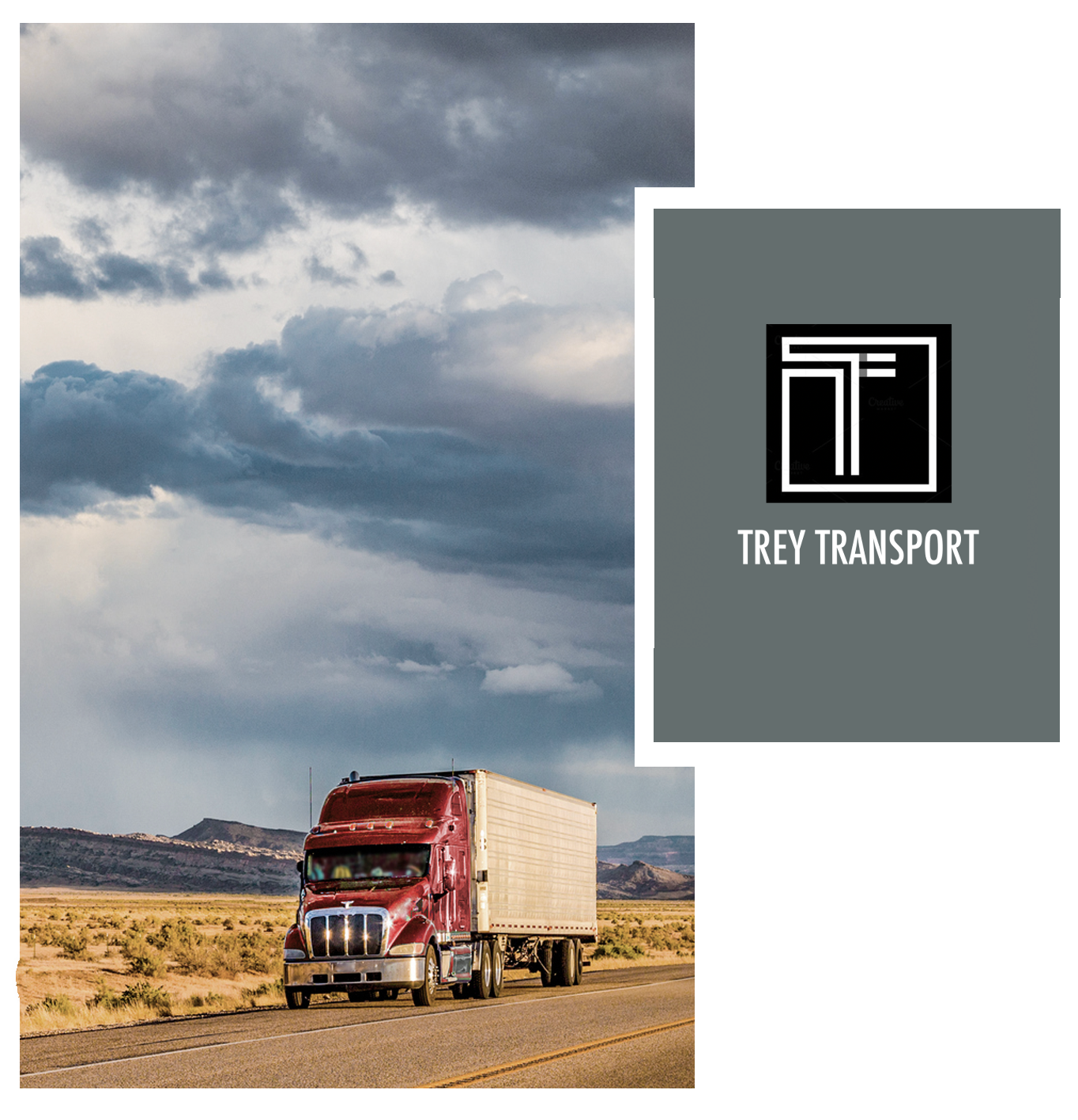 Trey Transport logo beside a truck on a desert highway
