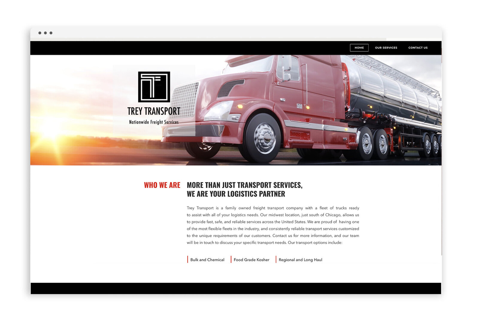 Trey Transport website home page with a red semi truck