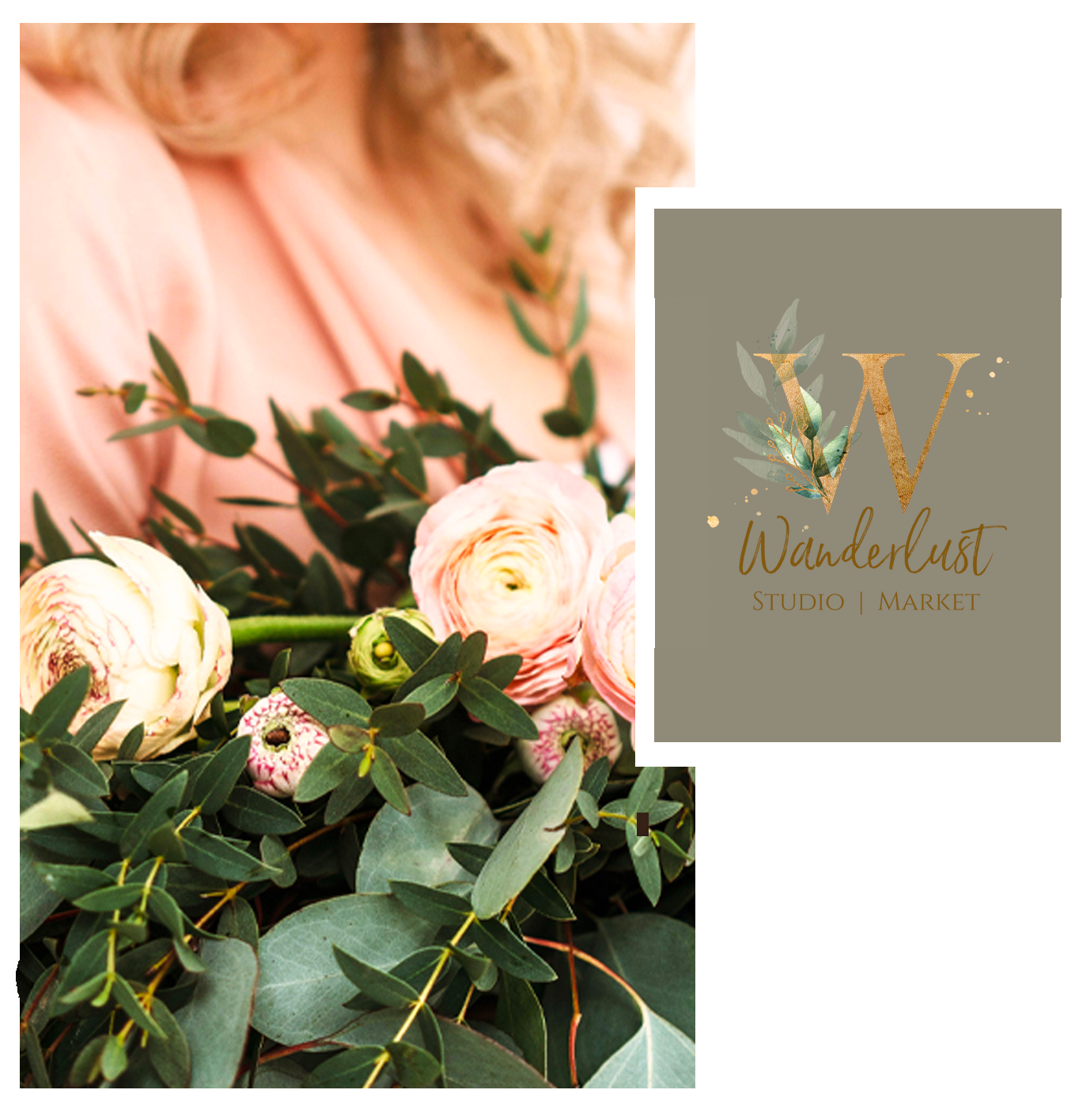 Wanderlust Studio Market logo beside a bouquet of peach roses