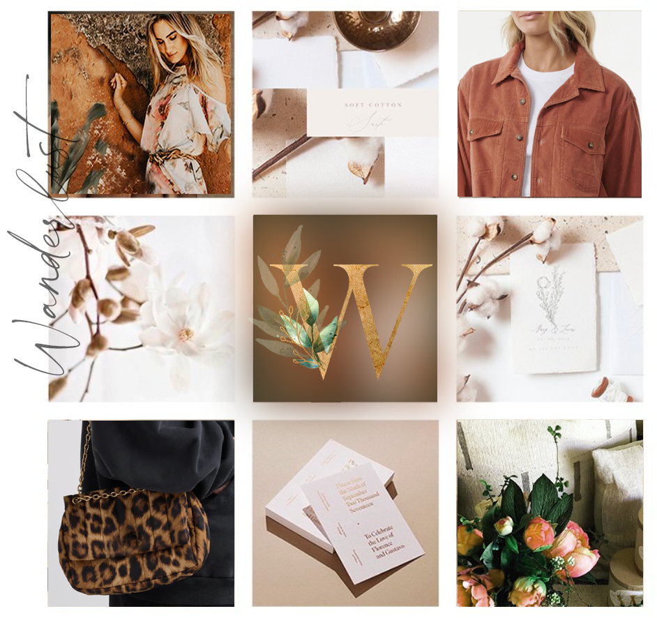 Wanderlust brand board with gold W monogram, fashion, florals and business cards