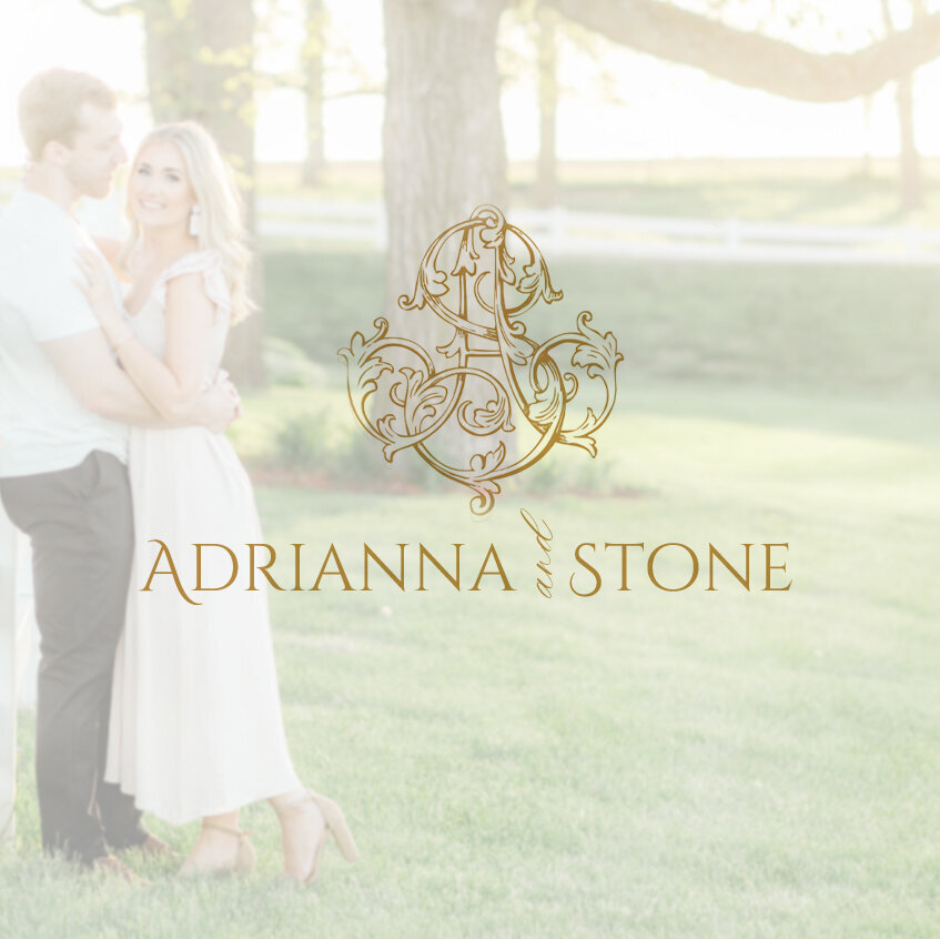 Gold wedding monogram over a soft engagement photo