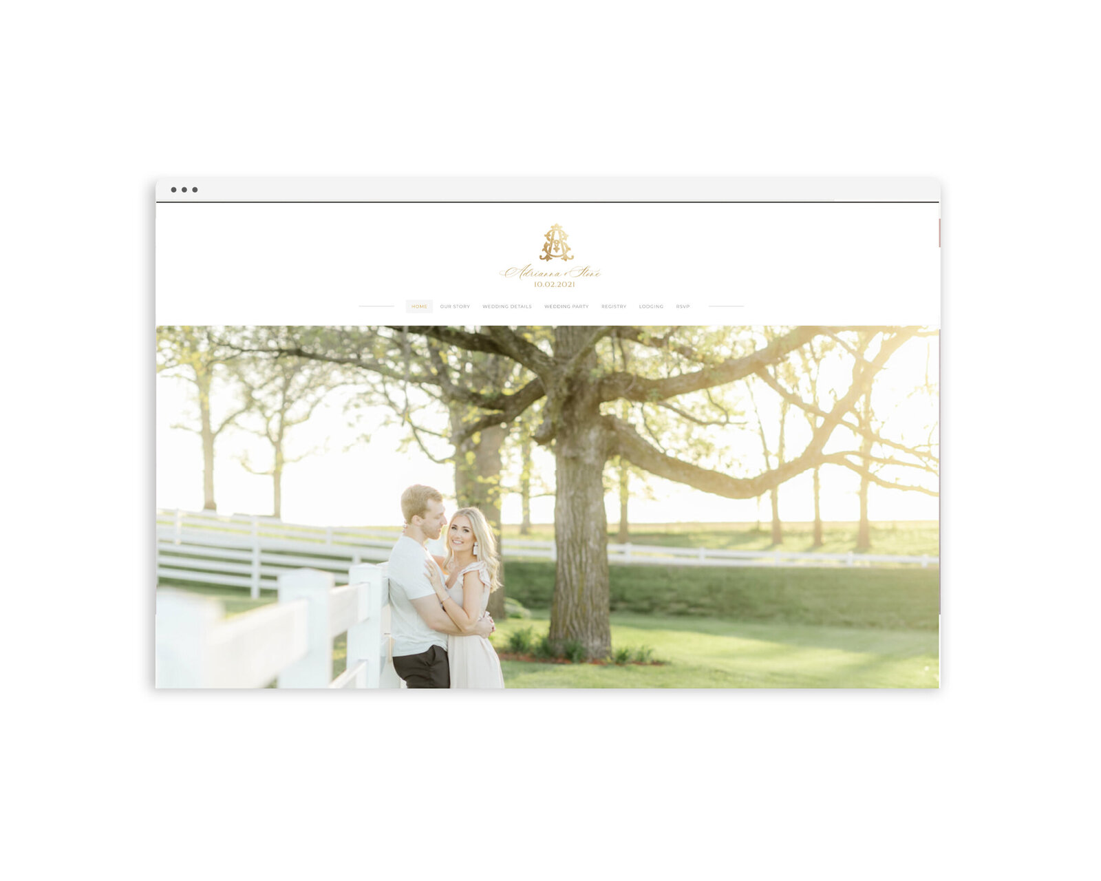 Wedding website home page with the couple under an oak tree